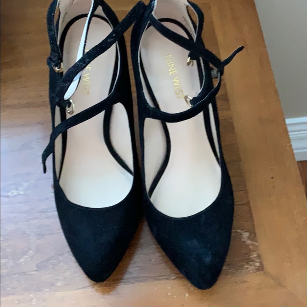 Black high heeled suede pump